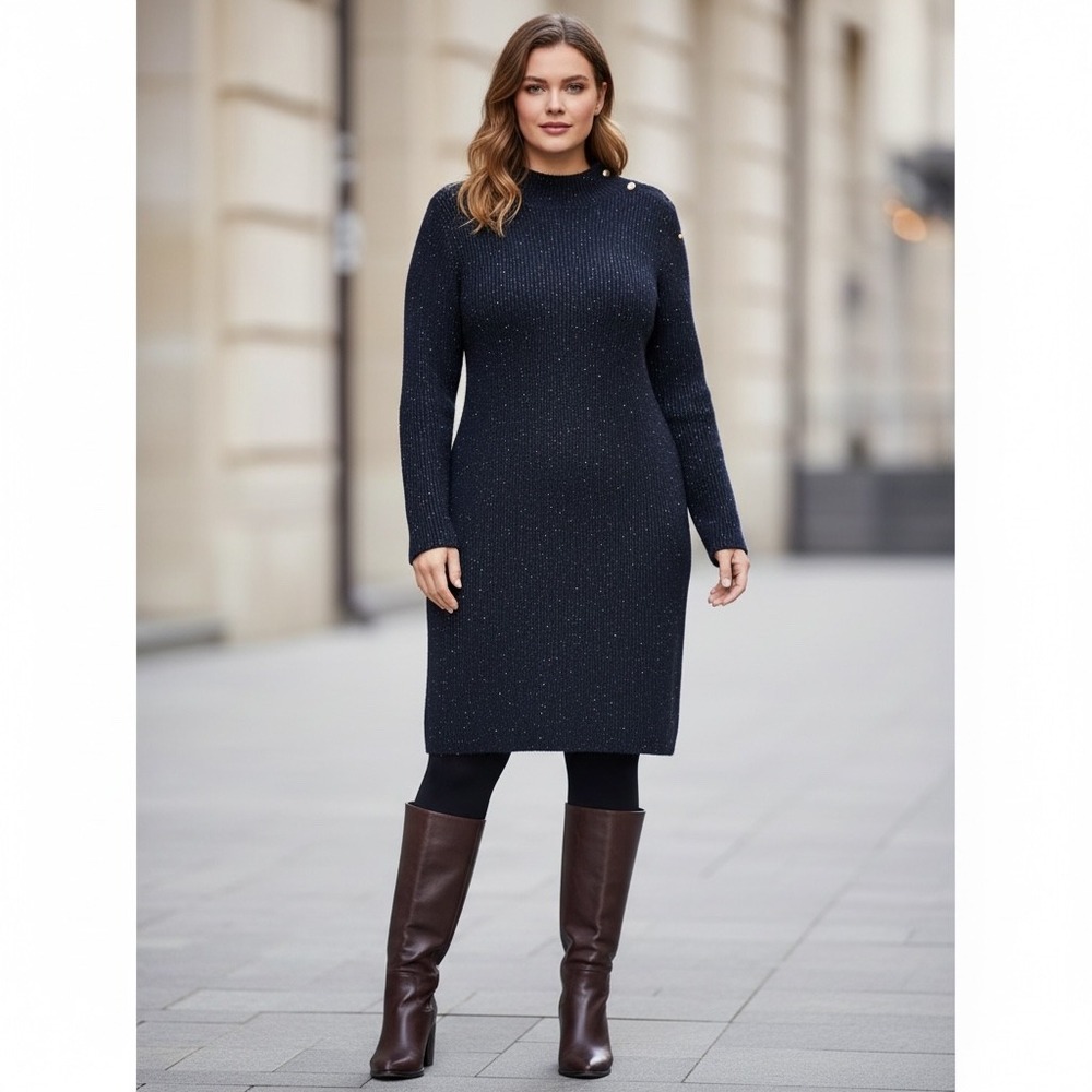 Talbots Plus 2X Petite Navy Speckled Knit Mock Neck Sweater Dress Cozy Stretch
